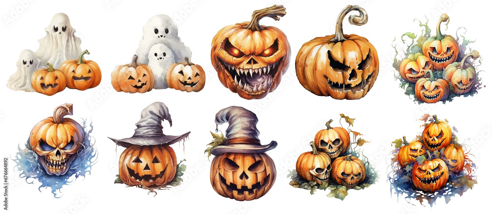 Halloween pumpkins watercolor illustration, generative AI Halloween pumpkins watercolor illustration, generative AI
