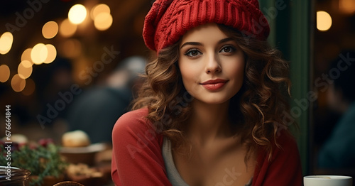Charming girl with dark hair and red hat with smile looks into camera in cafe.