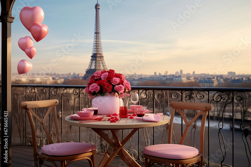 Valentine's Day table set for breakfast for two people decorated with flowers and balloons. Table on the balcony overlooking the Eiffel Tower