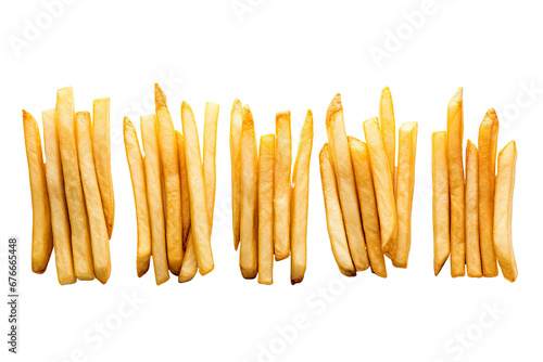 French fries in a row on white background
