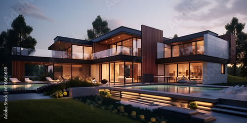  The house is designed by architect and is located in the beautiful greek island Beautiful modern house in the city Modern villa at night luxury residential house exterior in summer AI Generative 