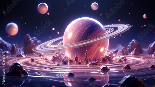 saturn planet and planets in the space on pink and purple background
