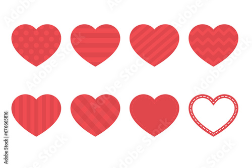 Set of cute red patterned heart icons. Flat vector illustration.	