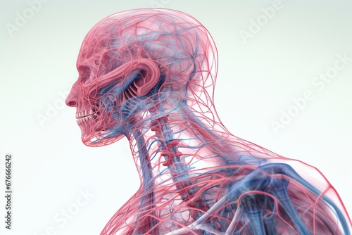 Illustrate the human lymphatic system within the context of a friendly and clean visual, incorporating it seamlessly into the contours of a human posture, generative ai
