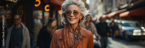 Photo of a stylish woman with grey hair and sunglasses walking down a vibrant city street © Degimages