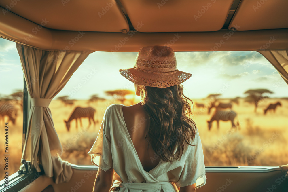 A woman in a hat looking out the window of a vehicle at a herd of animals A woman in a hat looking out the window of a vehicle at a herd of animals