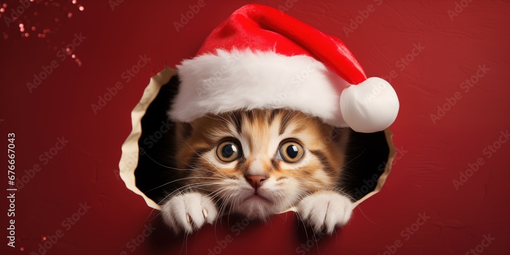 Christmas and new year concept, A cat wearing a red santa hat peeks out of a hole in the red wall, Playful pet cat in Christmas, Surprise cat, Copy space, generative ai Christmas and new year concept, A cat wearing a red santa hat peeks out of a hole in the red wall, Playful pet cat in Christmas, Surprise cat, Copy space, generative ai