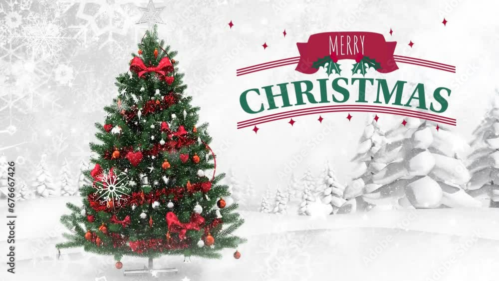 Animation of merry christmas text and snow falling over christmas tree in winter scenery Animation of merry christmas text and snow falling over christmas tree in winter scenery