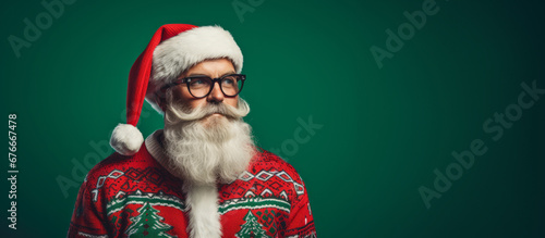 Studio portrait of a trendy Father Christmas character wearing a festive christmas ugly jumper photo