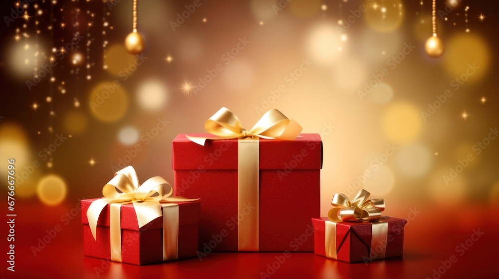 Merry Christmas and Happy New Year poster or banner with red gift boxes. and christmas elements Christmas promotion in red and gold. Merry Christmas and Happy New Year poster or banner with red gift boxes. and christmas elements Christmas promotion in red and gold.