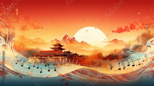 Music notes on chinese new year background ,Happy New Year.
