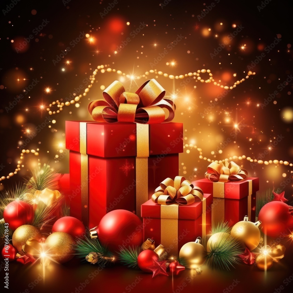 Merry Christmas and Happy New Year poster or banner with red gift boxes. and christmas elements Christmas promotion in red and gold. Merry Christmas and Happy New Year poster or banner with red gift boxes. and christmas elements Christmas promotion in red and gold.