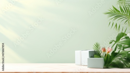 Abstract minimalist pastel background with gift boxes for product presentation. Tropical leaves silhouette nature on spring white wall background.