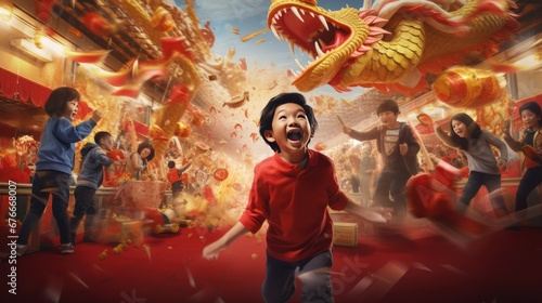 Asian children having fun at a New Year's shopping event with a big dragon.Chinese New Year photo