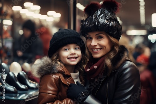 Winter Warmth: Smiling Mother and Daughter Enjoying a Festive Shopping Day