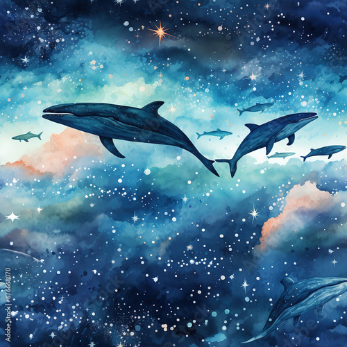Galaxy whale watercolor pattern, space fantasy universe flying whales tile