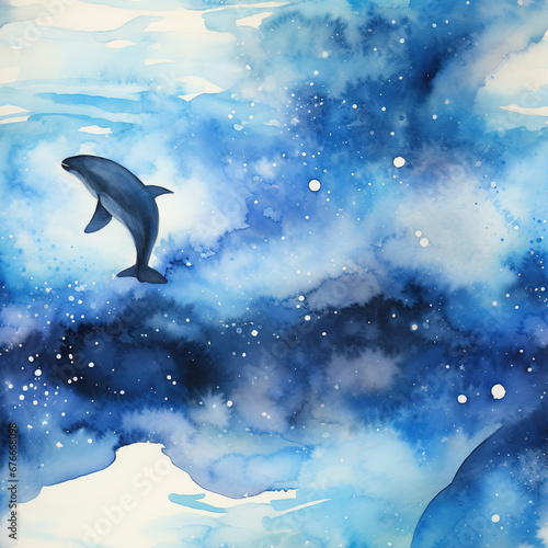 Galaxy whale watercolor pattern, space fantasy universe flying whales tile