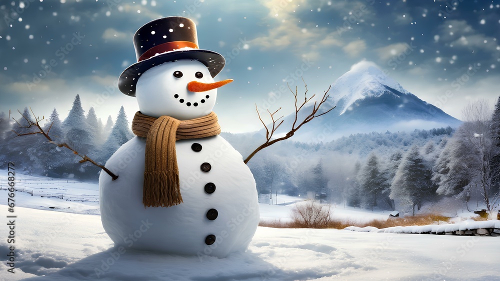 Obraz premium Panoramic view of happy snowman in winter scenery.