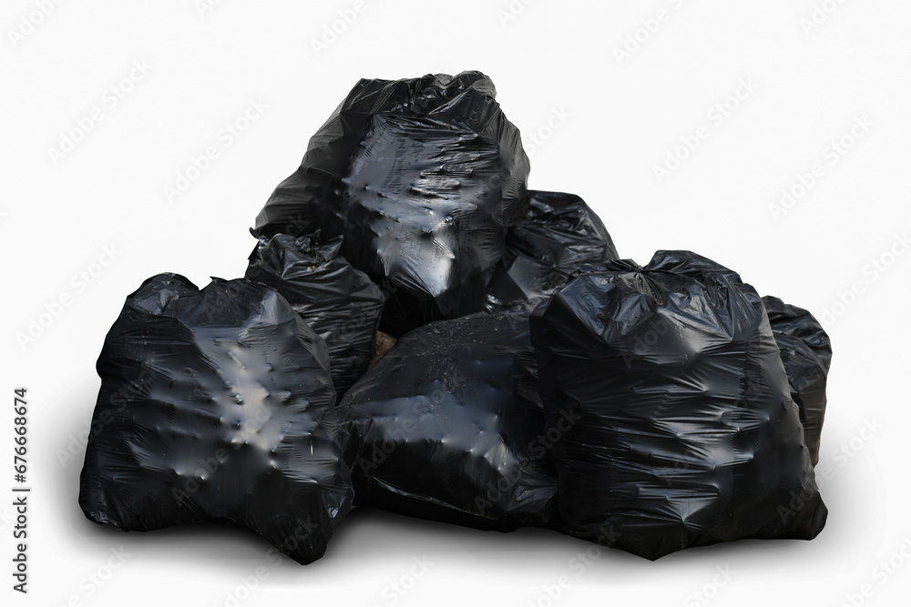 Pile of trash in a black trash bag  isolated on white background with clipping path.