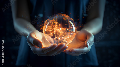 glass sphere with digital symbols in hands