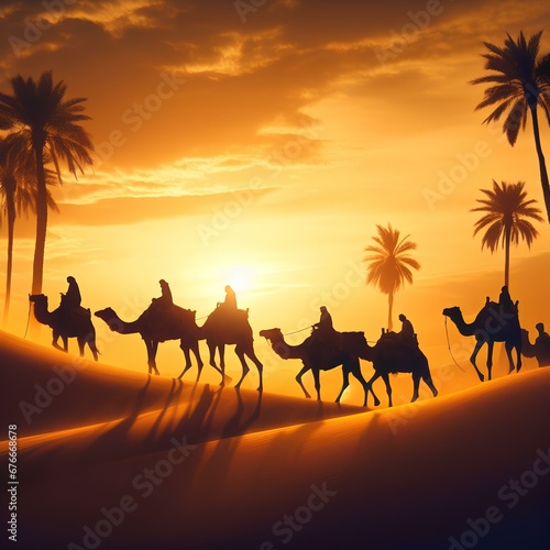 Silhouette of a caravan of camels in the desert.