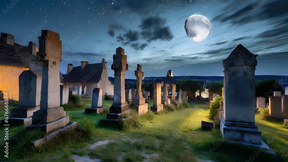 Tomb stones on the graveyard village in twilight.