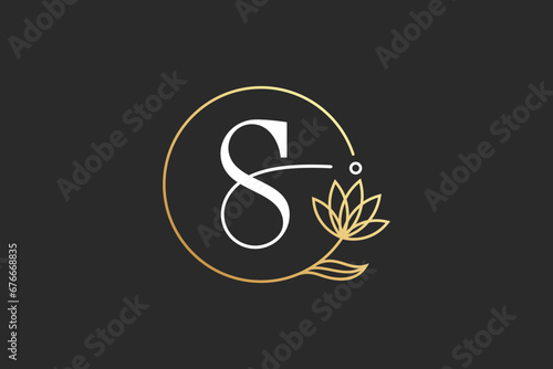Minimal initial letter S luxury logo template inside circle frame with leaves or flower ornament