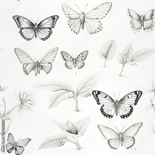 Butterfly pencil sketch monochrome clip art repeat pattern © Roman