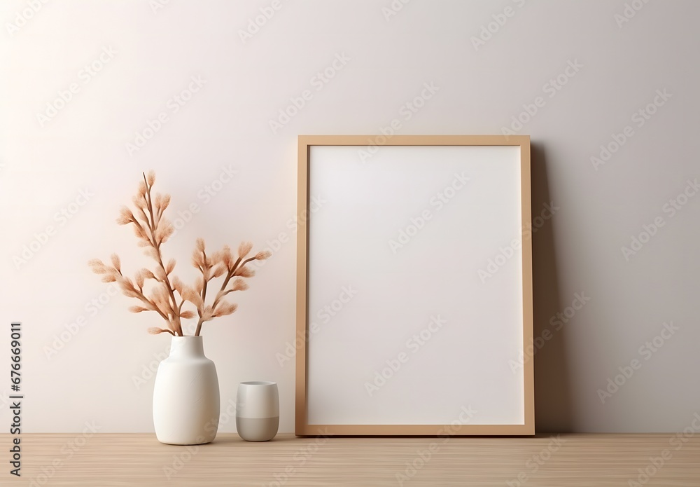 3d render of a blank picture frame for putting posters on wooden shelf, in the style of floral still lifes, light beige and gold, minimalist brush work, flat and graphic, nature morte, commission for, - obrazy, fototapety, plakaty 