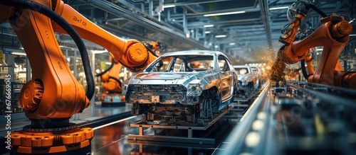 Car Production Line with Robot Arm in Modern Factory. cars are being Assembled on Conveyor photo
