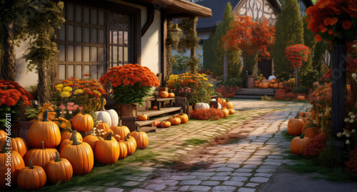 A Serene Autumn Garden with Vibrant Blooms and Festive Pumpkins