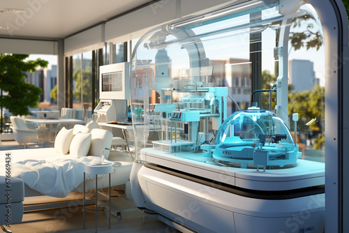 A futuristic hospital room with a couch and 3D printer.