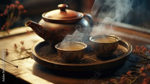 Chinese tea ceremony. Healthy herbal leafy drink. Asian traditional natural beverage. Beautiful teapot and teacups at wooden table. Delicious aroma breakfast. Health lifestyle concept. East tradition.