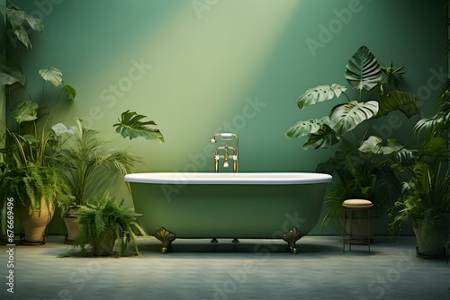 a white bathtub is sitting behind a green wall, in the style of luminous 3d objects, lively tableaus, carl kleiner, tropical landscapes, high quality photo, light emerald and dark beige, nature-inspir photo