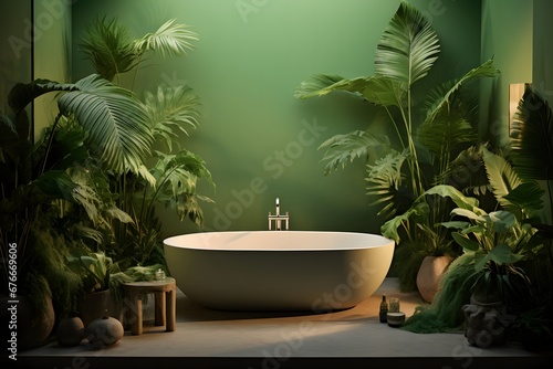 a white bathtub is sitting behind a green wall, in the style of luminous 3d objects, lively tableaus, carl kleiner, tropical landscapes, high quality photo, light emerald and dark beige, nature-inspir