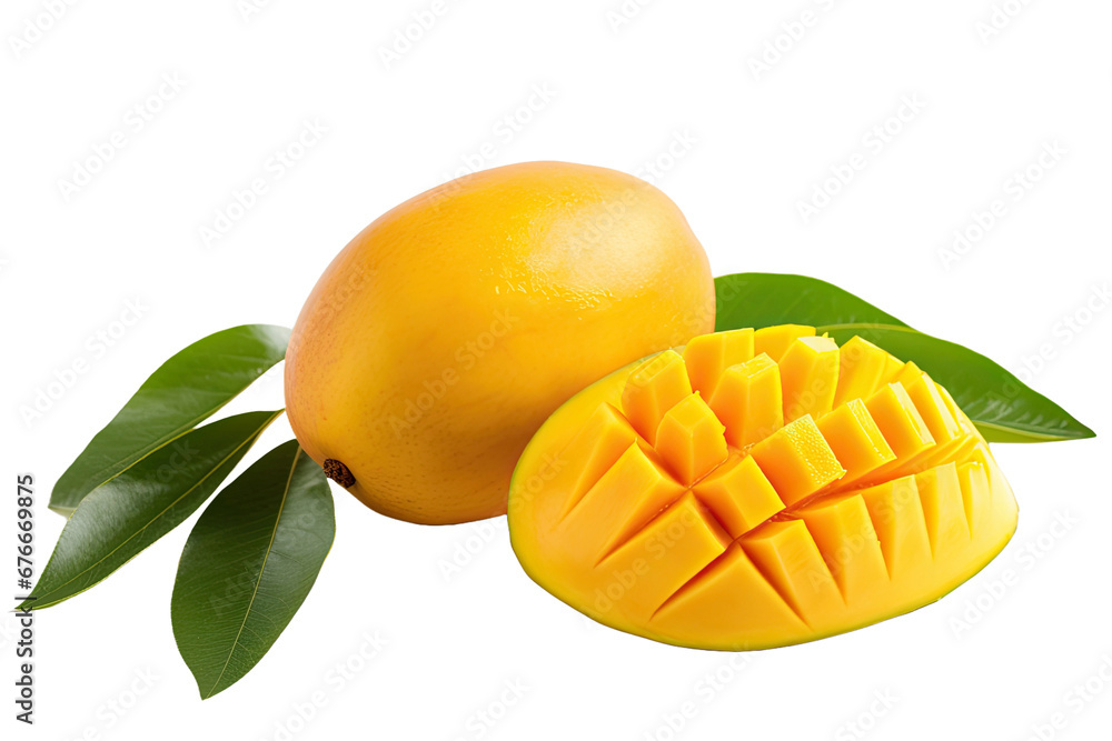 Mango fruit and mango slices. Isolated on a white background Mango fruit and mango slices. Isolated on a white background