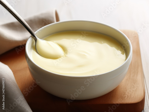 Melted white chocolate in a white bowl looks so delicious on a wooden table