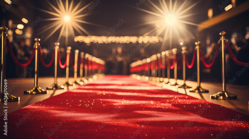 The elegant red carpet with yellow spotlights makes it even more striking and cool - obrazy, fototapety, plakaty 