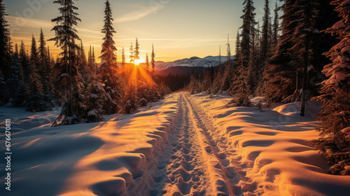Sunset Glow on Snowy Mountain Trail