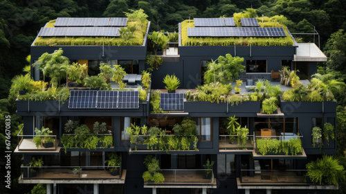 Eco-Friendly Building with Green Roof and Solar Panels