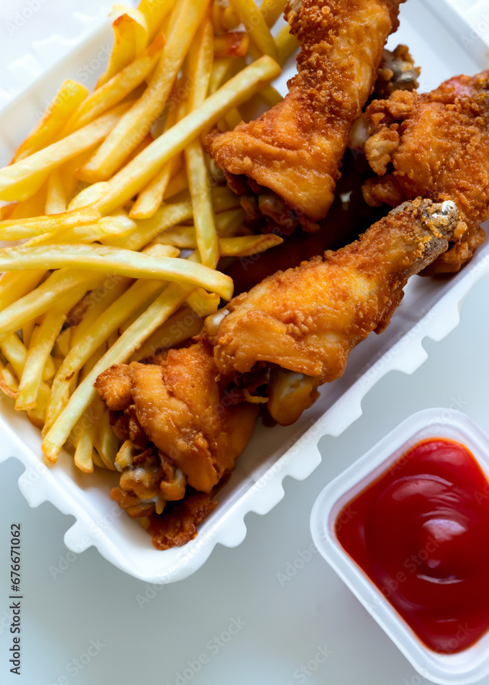 Chicken Wings with French Fries and sauce in Container Chicken Wings with French Fries and sauce in Container