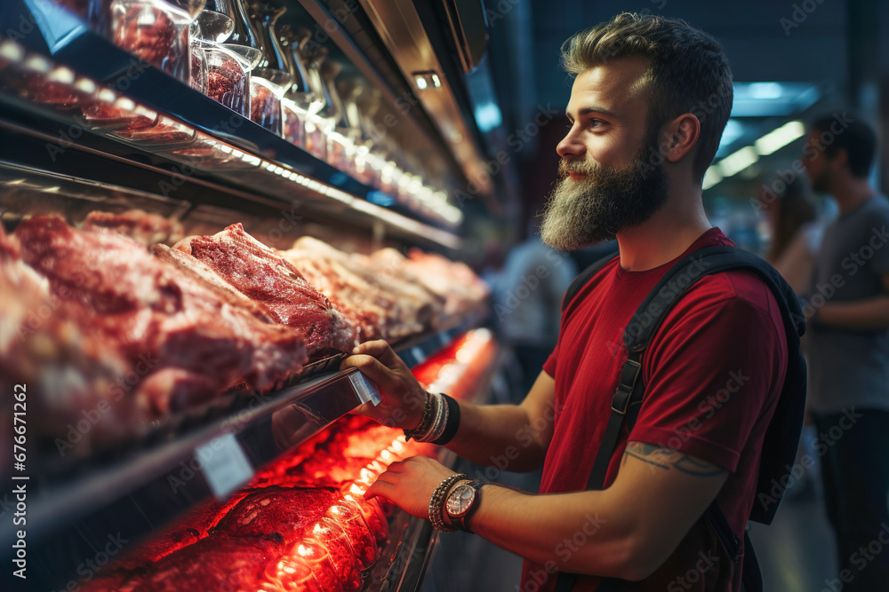 A men looking at meat in a display case.