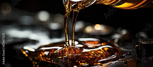 close up view of pouring oil into engine on dark background, auto repair shop business concept photo