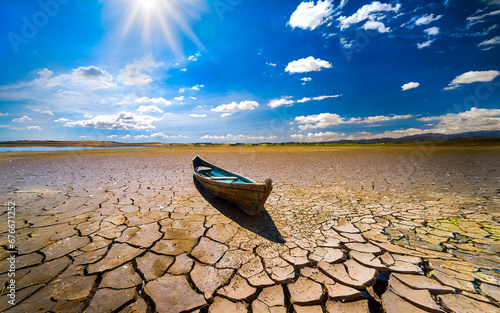 dry lake with rowing boat, AI genereted