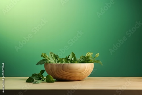 a wooden bowl on a green background with plants, in the style of octane render, lively tableaus  photo