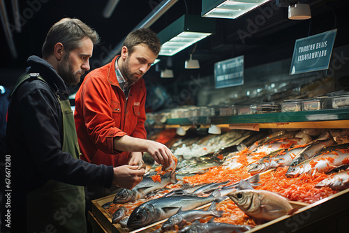 People observing the variety of fish in a bustling fish stand in grocery store.
