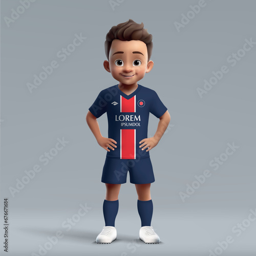 3d cartoon cute young soccer player in PSG football kit.