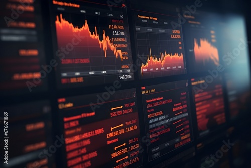 financial quotes on the stock market by stock exchange, in the style of dark orange and red, soft atmospheric scenes, screen format, sharp focus, utilizes, spatial, miniaturecore 