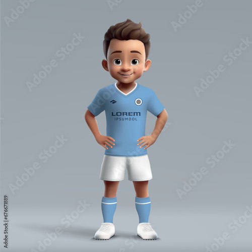 3d cartoon cute young soccer player in Manchester City football kit.