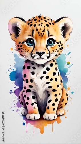 Colorful watercolor cute Cheetah illustration on a white background	